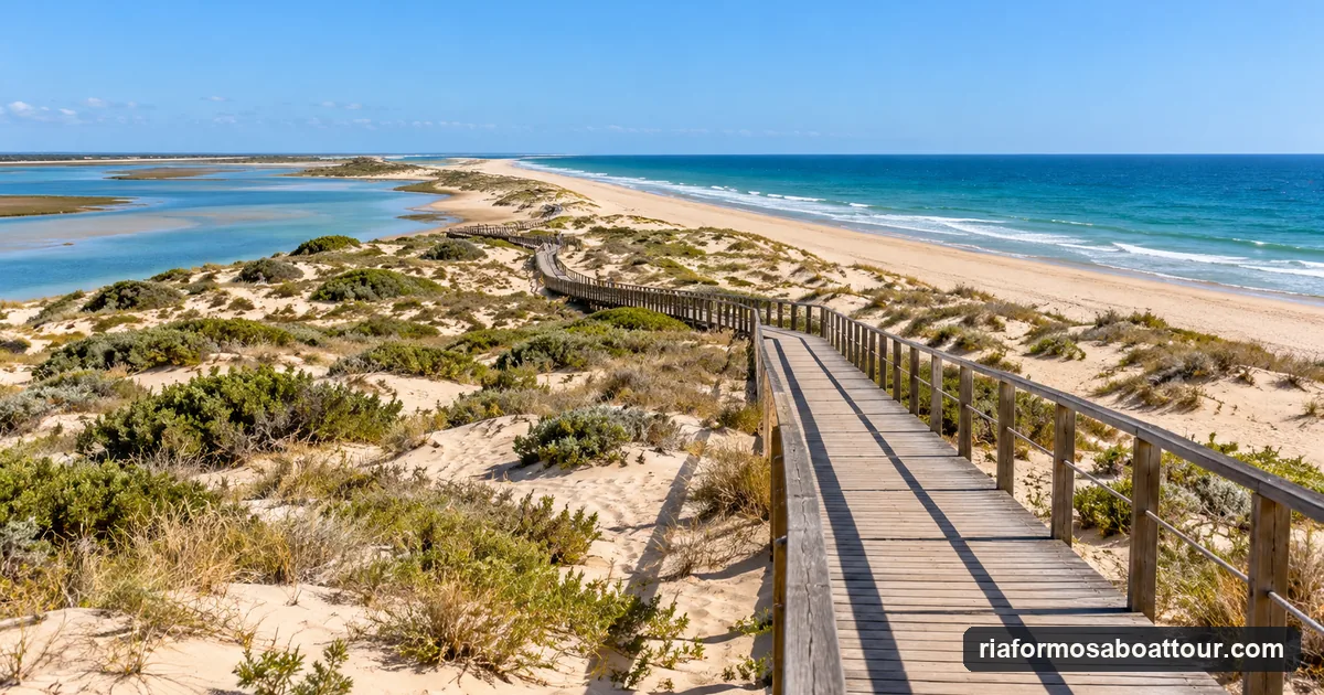 A wooden boardwalk crossing the dunes of an uninhabited barrier island in the Algarve