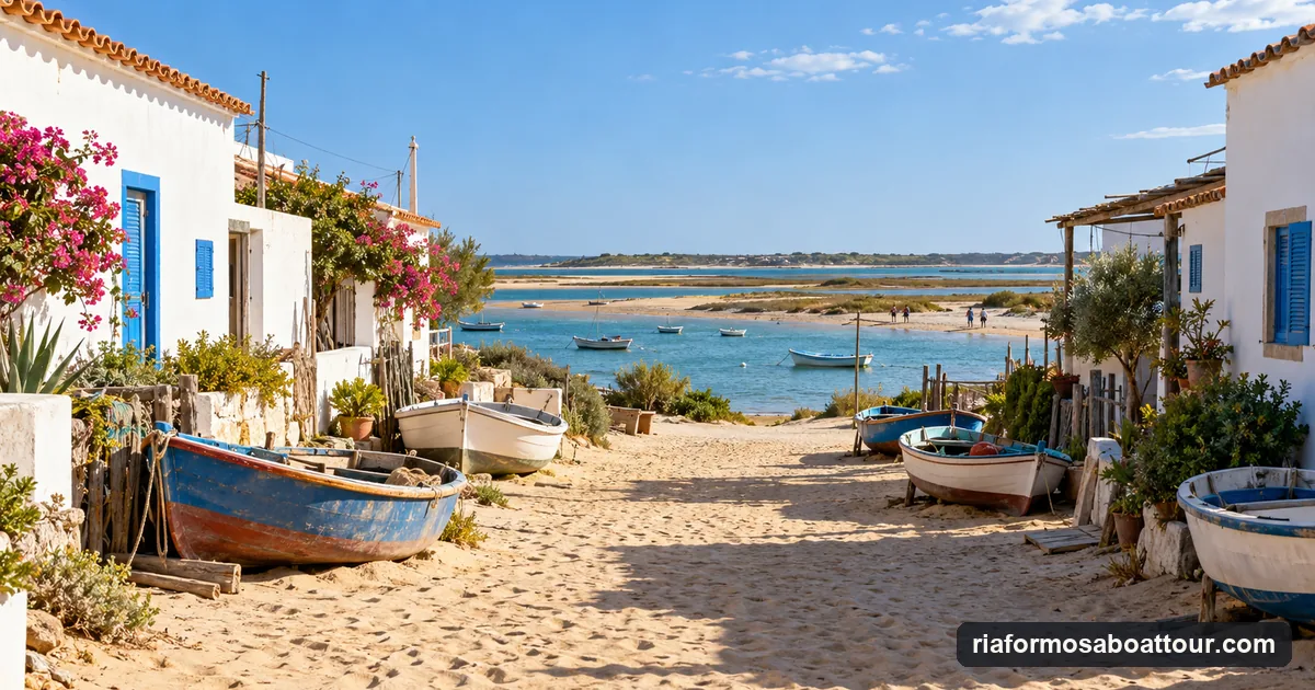 A sandy lane between whitewashed fishermen's houses in a car-free island village in the Ria Formosa