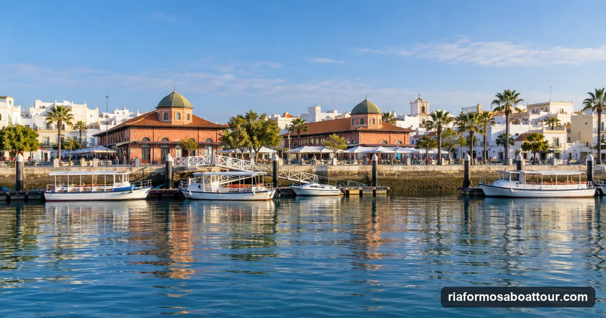 Small passenger boats moored along a town waterfront on the Ria Formosa in the Algarve