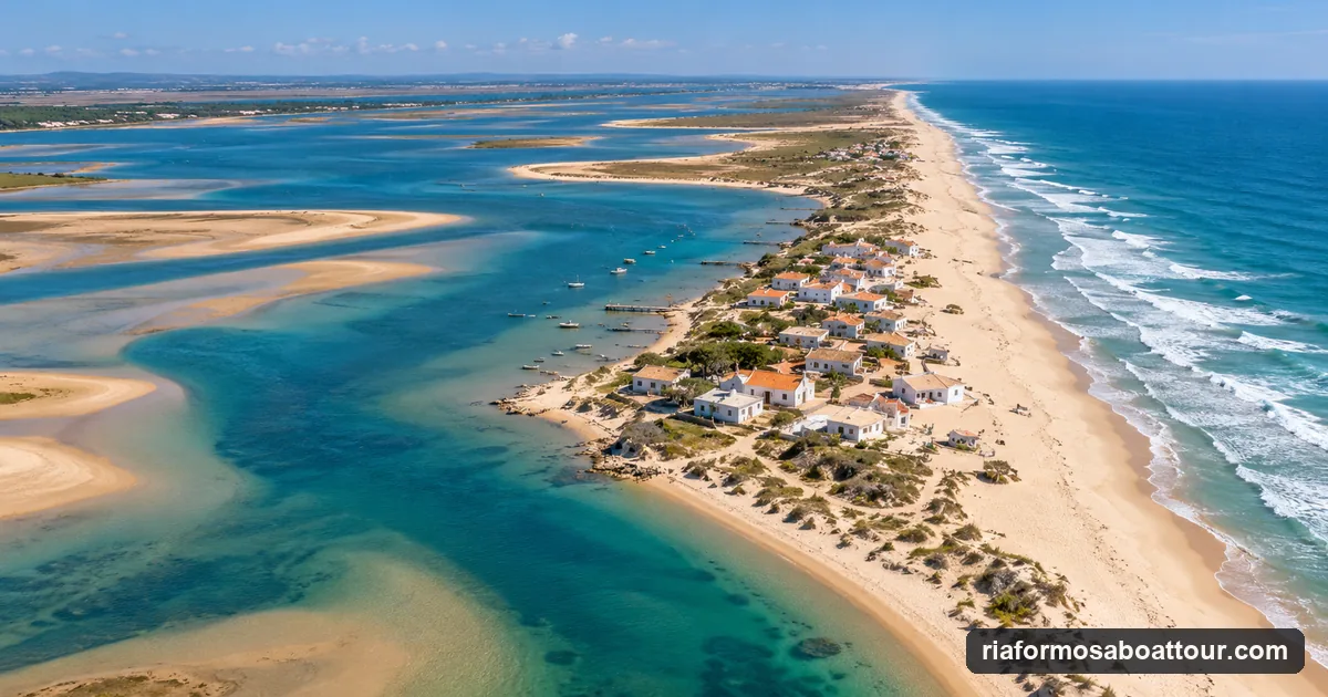 Aerial view of a sandy barrier island in the Ria Formosa, the lagoon on one side and Atlantic surf on the other