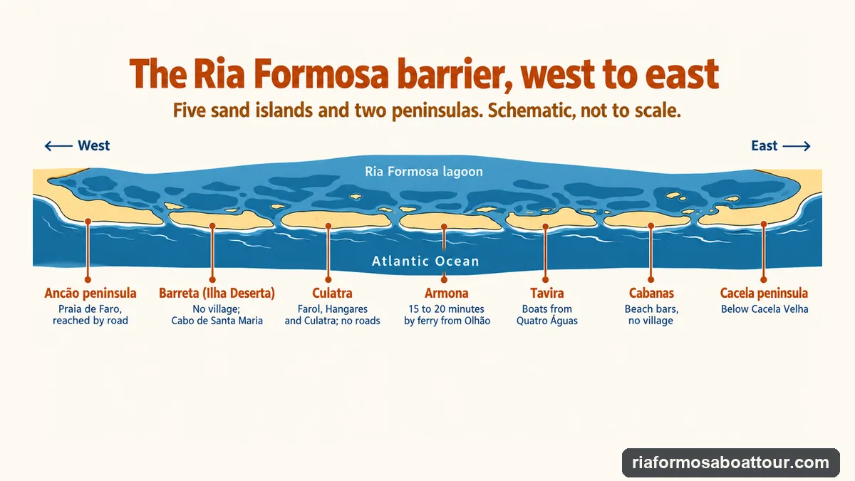 Schematic infographic of the Ria Formosa barrier from west to east: the Ancão peninsula, Barreta or Ilha Deserta, Culatra with its three villages, Armona, Tavira, Cabanas and the Cacela peninsula