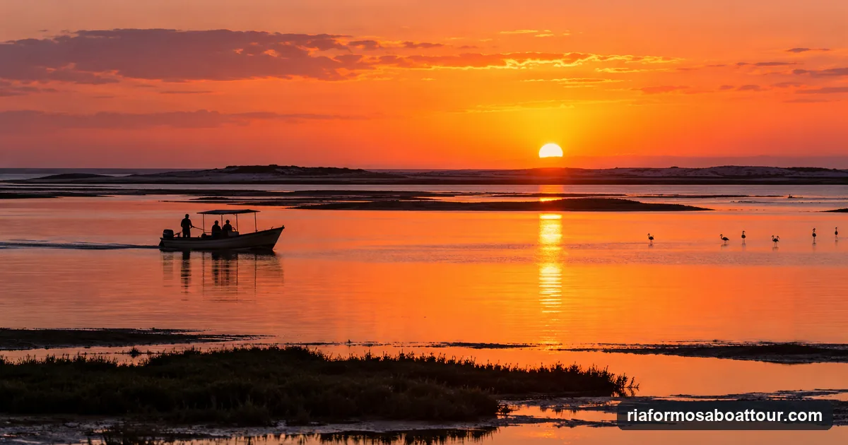 A small boat silhouetted on the Ria Formosa lagoon at sunset, wading birds in the shallows